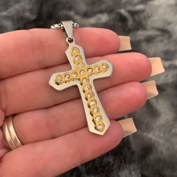 Men’s Two-Tone Cross Pendant Necklace with CZ Stones – Stainless Steel Chain - Picture 3 of 9